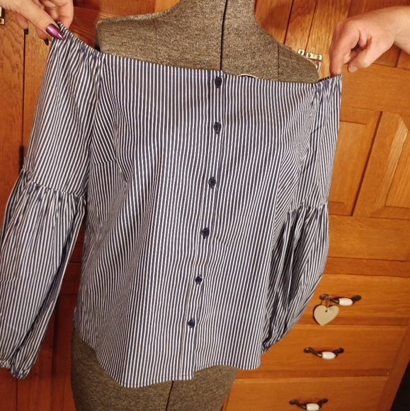 Express blue& white striped sexy off shoulder puff long sleeve Bardot blouse - Picture 6 of 11